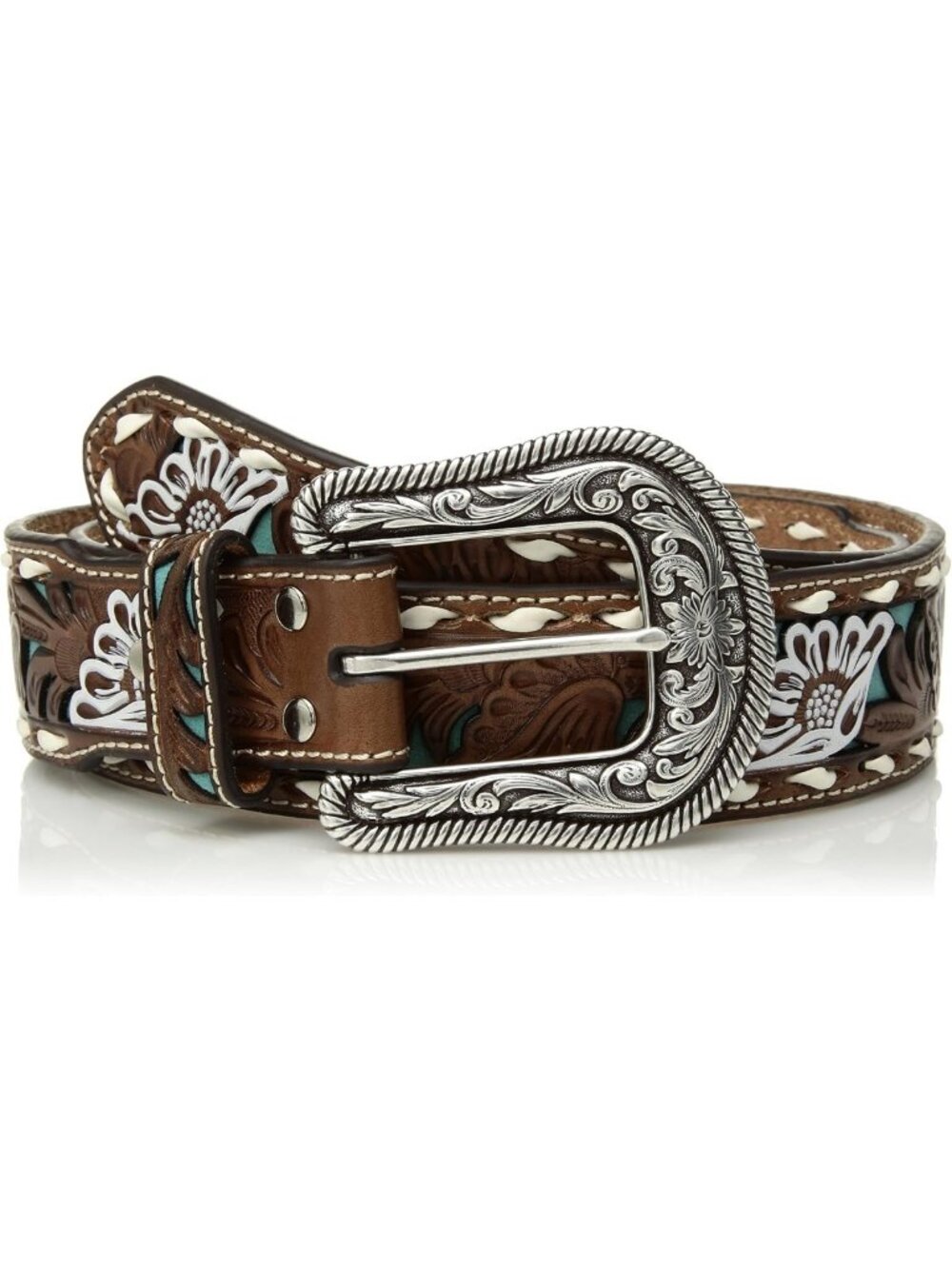 Women's Painted Flower Buckle Turquoise Inlay Belt - Stylish Western Accessory